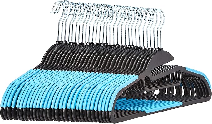 Amazon Basics Non-Slip Heavy Duty Plastic Hanger with Rubber and Horizontal Bar, Blue (30-Pack)