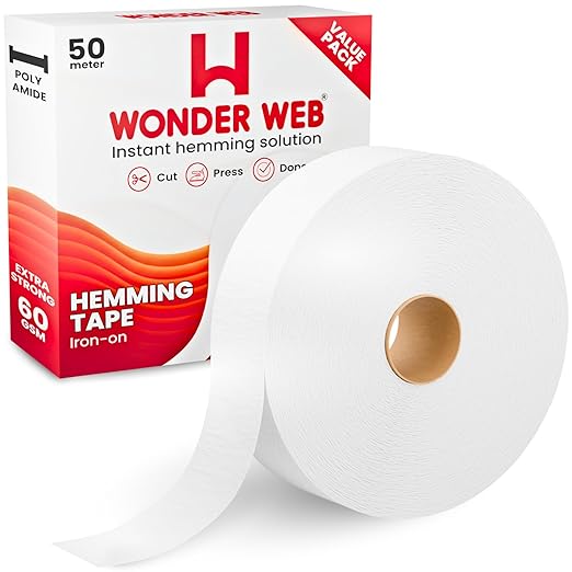 Hemming Tape 50 Meter – Premium Iron On Hemming Tape for Trousers, Sewing & Fabric – 60GSM Extra Strong Wonderweb Hem Adhesive Tape for Quick, No-Sew Fixes – Instant Hemming Solution