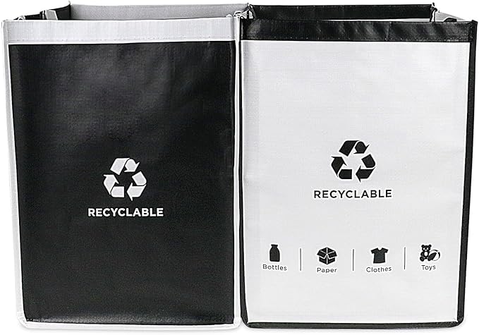 BOMEI PACK Recycling Bags White and Black with handle 2 Packs Reusable Storage Bag Separate Sorting Organizer Woven waste Bins bag 28 Gallon for Kitchen Home Office Easy clean