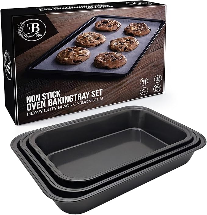 Fusion Bliss Non-Stick Baking Tray Set for Oven – Heavy Duty Carbon Steel Roasting Trays & Oven Trays – Bakeware for Cookies, Cakes, Roasting Tin, and More – Cooking Trays Assorted (Pack of 3)