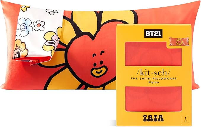 Kitsch x BT21 Satin King Pillowcase with Zipper for Hair and Skin, Softer Than Silk, Machine Washable, Wrinkle Free, Cooling Satin Pillow Covers, King Size 48 x 91 cm, Figure: Tata