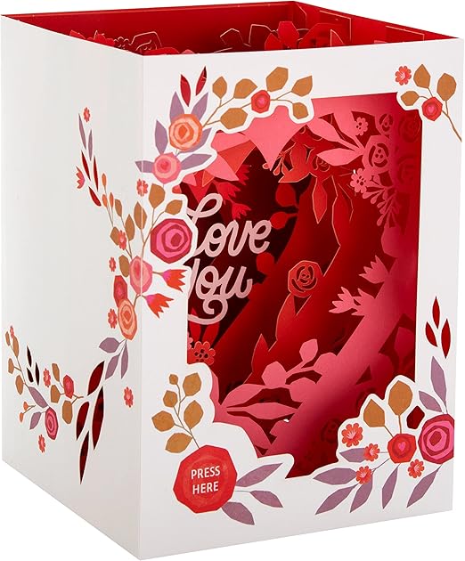 Hallmark Valentines Day Card, 3D & Pop Up Shadowbox Design, Florals & Roses, Musical, Pink, White