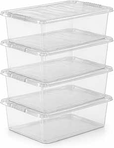 Underbed Storage Boxes with Lids 32L – 4 Pack Clear Plastic Storage Containers, Stackable Storage Boxes for Clothes, Shoes, Bedding, Wardrobe & Home Organisation (Clear Lid – Pack of 4)