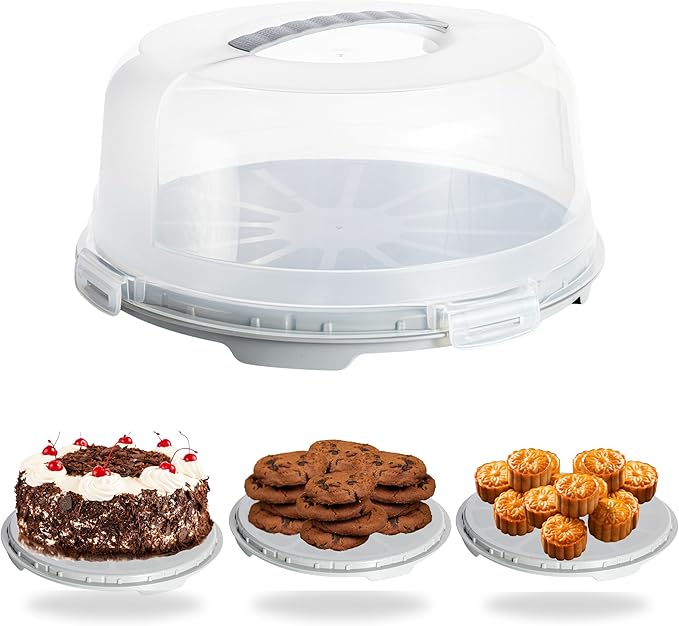 Cake Carrier with Grey Base | Cake Carrier with Handle, 30cm Semi Transparent Dome & 4 x Secure Locking Lid, Premium Cake Storage Container for Cakes, Pies & Pastries (Grey)