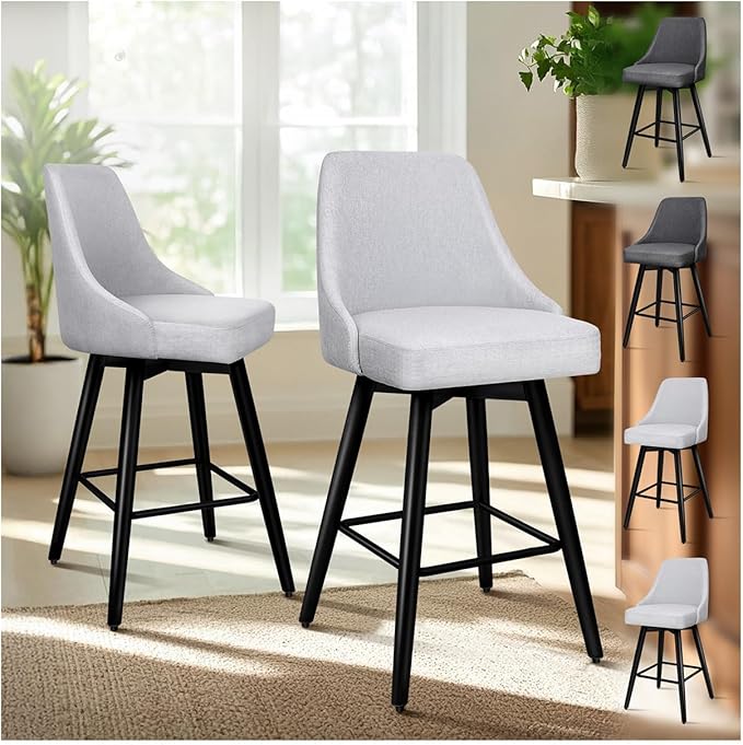 ALFORDSON Barstools Set of 2, Bar Stools with Metal Legs, Kitchen Chairs with High Backrest and Footrest, for Breakfast Dining Room Countertop, Ella Series, Fabric Linen, Grey