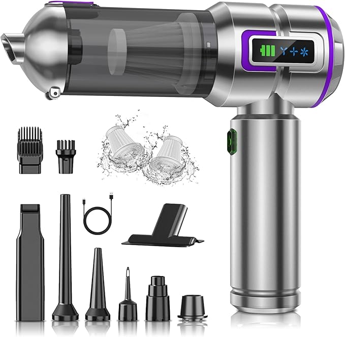 Handheld Vacuum Cleaner, 25000Pa 4-in-1 Powerful Hand Cordless Car Vacuum Cleaner with Screen, 1-Touch Dust Removal, 3 Speed Brushless Motor Car Vacuum for Home/Kitchen/Office/Car/Pet Hair, Silver