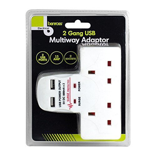 Benross 45600 Standard 2 Way Wall Adaptor Socket / Includes 2 USB Slots