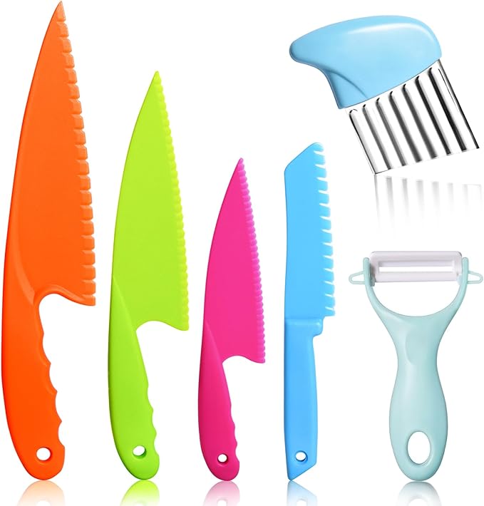 6Pcs Kids Plastic Knives Set with Cutting Board & Paring Knife - Child Safety Kitchen Knives in 4 Sizes for Vegetables, Fruits, and Salad (BPA-Free, Non-Slip Handle)