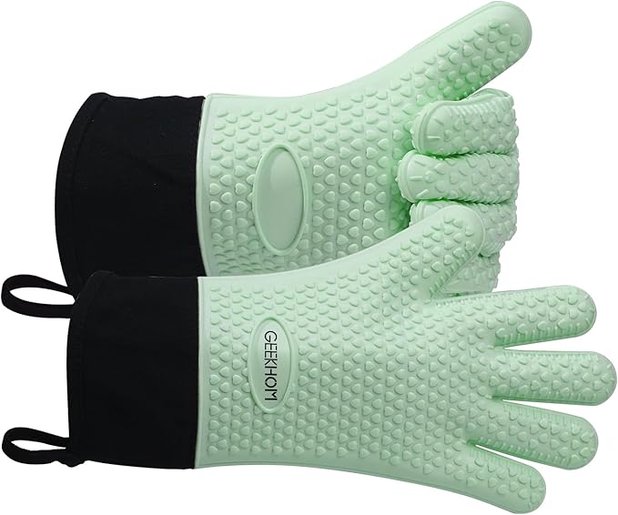 GEEKHOM Silicone Oven Gloves Heat Resistant Silicone Oven Mitts BBQ Gloves Waterproof Kitchen Gloves for Barbecue Grilling Weber Microwave, Non-Slip Oven Gloves with Fingers, Mint Green