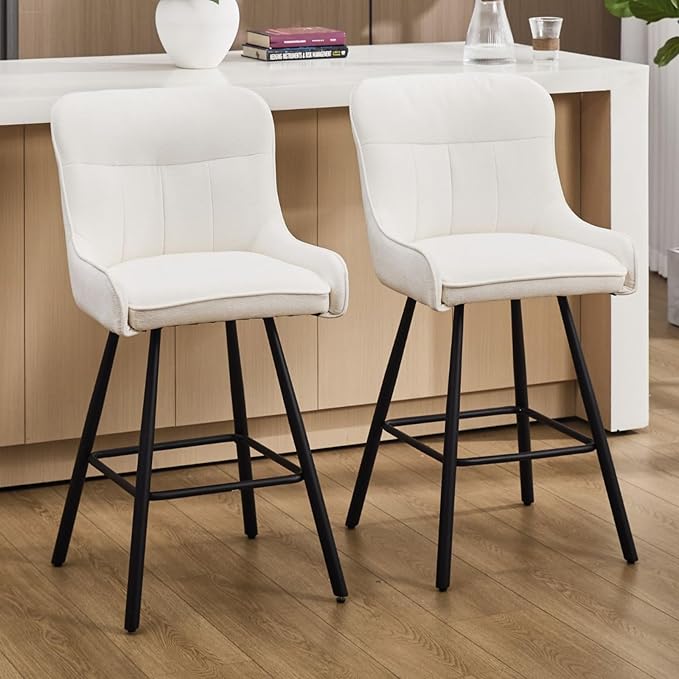 Breakfast Bar Stools Set of 2 Chenille Upholstered Kitchen Stools with Metal Legs & Backs, Kitchen High Chairs for Counter/Pub, Beige