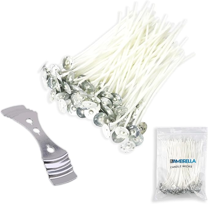 Candle Wicks for Making Candles 50Pcs- 10cm Long Pre-Waxed Wicks with Metal Tabs & 3-Hole Wick Holder - Low Smoke & Longer Burning Time - Perfect for DIY Candles