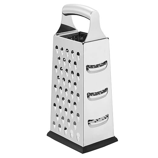Amazon Basics Stainless Steel Heavy-Duty Rectangular Cheese Grater, 4-Sided Box Grater With Non-Slip Base, 22.9 cm, Black