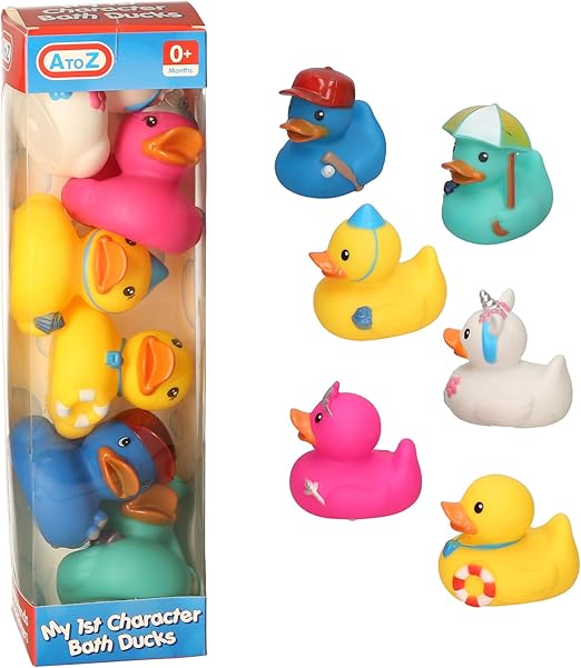 A to Z My 1st Character Bath Ducks Set, 6 Colourful Rubber Ducks, Baby Bath Toys, 0+ Months, Multicolor (Yellow, Pink, Blue, Mint Green)