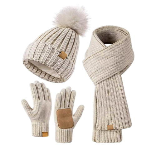 Winter Hat Scarf Gloves Set for Women, Gloves with Pom Pom Beanie