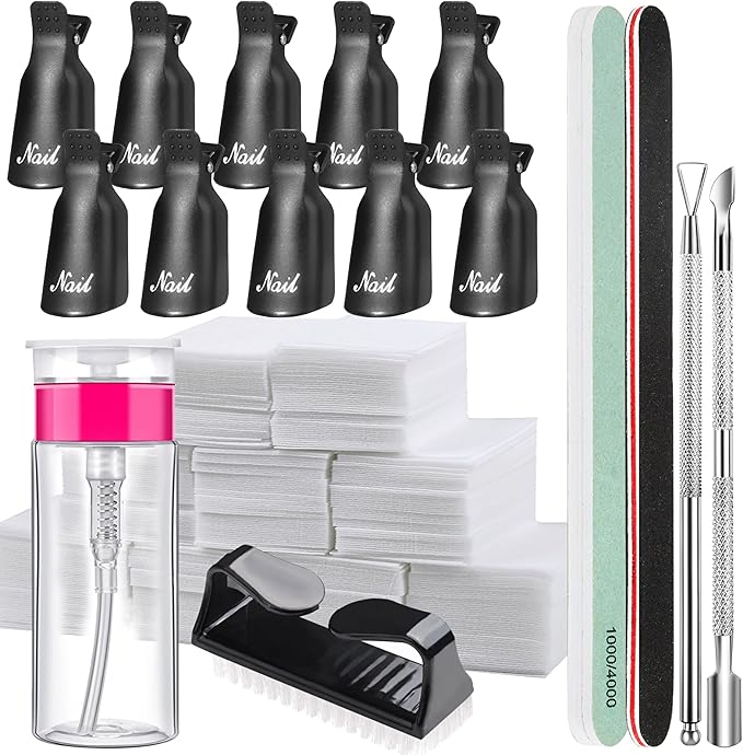 FANDAMEI Gel Polish Remover Kit with 500pcs Lint Free Wipes, Soak Off Nail Clips for Nail Gel Remover, Acrylic Nail Remover Kit with Nail Files Buffer Cuticle Pusher Pump Bottle Dispenser, Black
