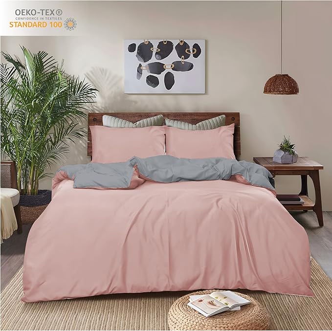 REHAN & CO Kingsize Duvet Cover Sets – Soft Brushed Microfiber Bedding – Reversible Quilt Cover With Pillow Cases (Blush/Grey)