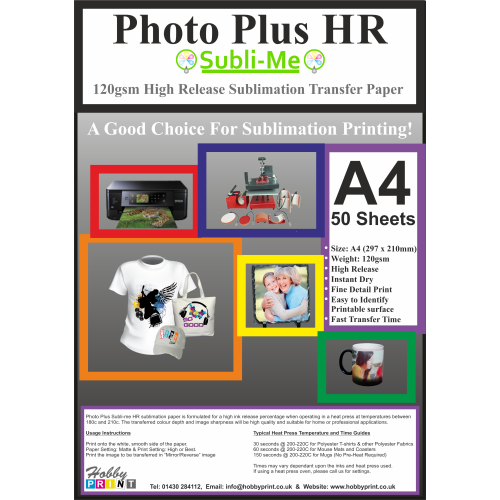 A4 120gsm HR Sublimation Heat Press Transfer Paper - 50 sheets for Mugs & T-Shirts