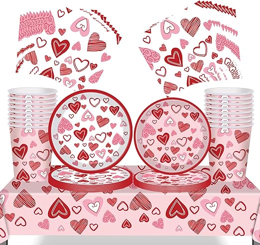 69Pcs Valentine's Day Party Tableware Decorations Red Love Heart Valentines Table Cloth,7inch 9inch Paper Plates, Napkins for Red Love Heart Theme Birthday Mother's Day Wedding Party