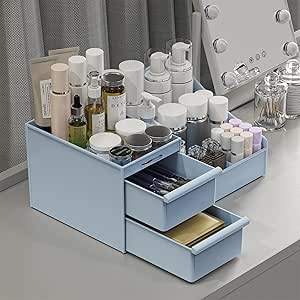 Makeup Organizer Storage Drawers, Large Capacity Cosmetic Organisers for Lipsticks, Jewelry, Nail Care, Skincare Organiser for Vanity, Ideal Desk Organizer for Dresser and Bathroom (Blue)