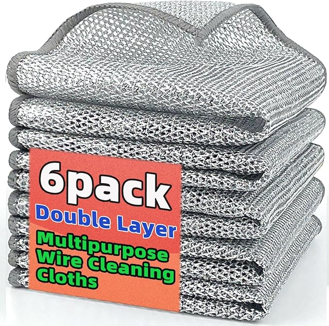 VIZAG Wire Dishwashing Rag for Wet and Dry, Non Scratch Wire Dishcloth, Double Stainless Steel Scrubber, Multipurpose Wire Dishwashing Rags for Cookware, Sinks, Dishes, (6)