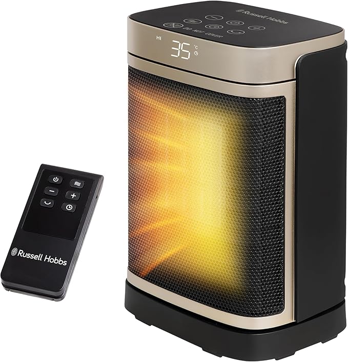 Russell Hobbs Space Heater in Black & Gold 1500W Silent Portable Oscillating Ceramic Electric Heater, Low Energy Digital Display, 4 Modes, 24hr Auto Timer, Overheat Protection, RHCH2001G