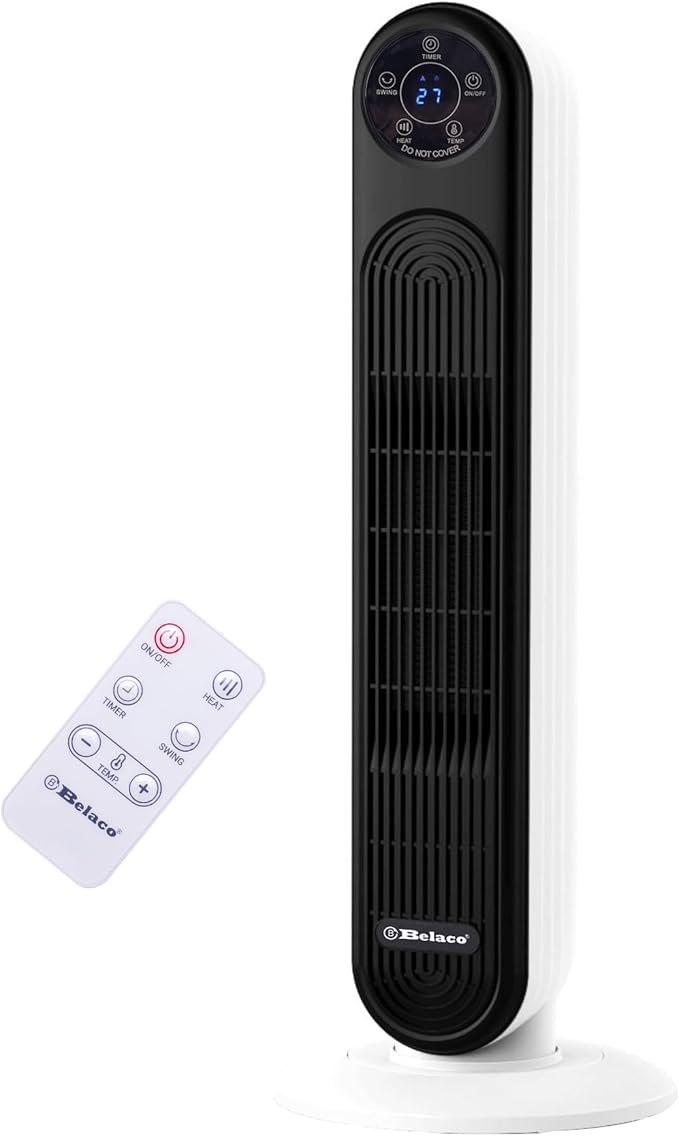 Belaco 2000W PTC Ceramic Tower Heater with Remote Control, Digital Display, 12 Hour Timer, Oscillating Electric Portable Heater for Home Office Bedroom, Overheat & Tip-Over Protection