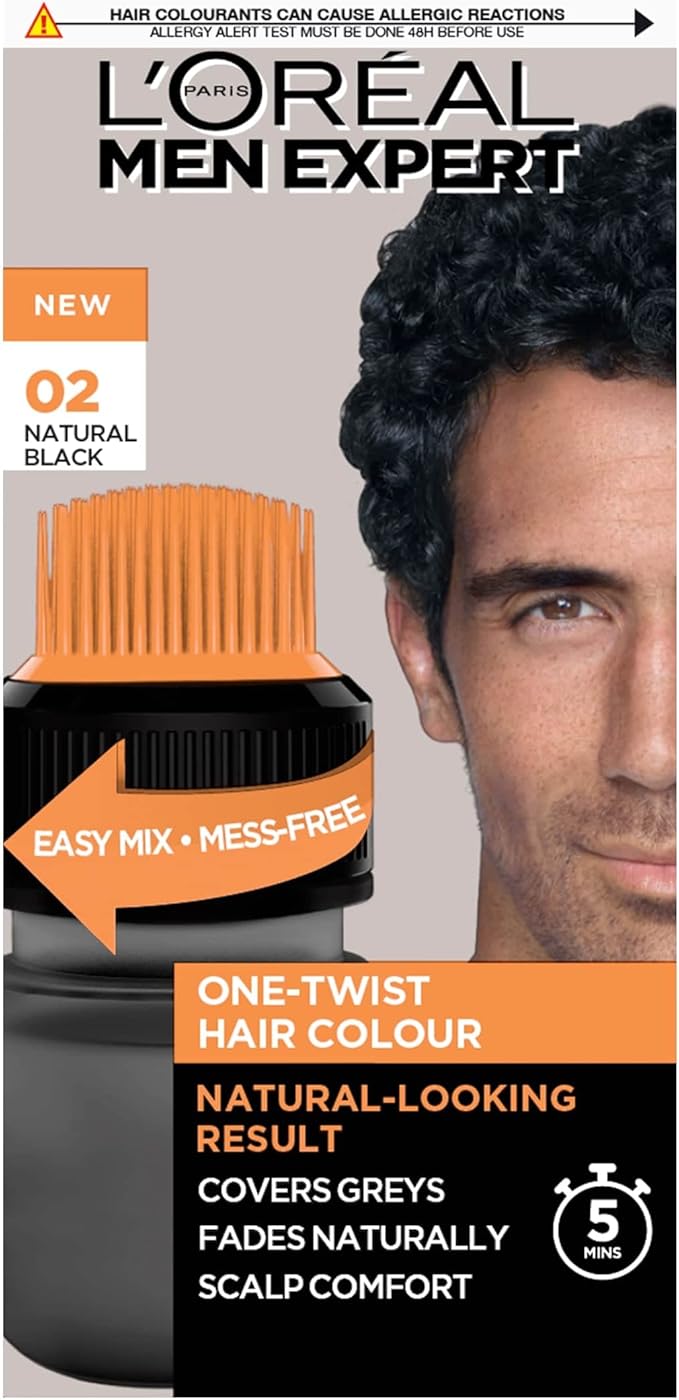 L'Oreal Paris Men Expert One Twist Hair Colour, Black Hair Dye For Men. Mens Hair Dye For Men Dying Hair To Cover Grey Hair, Gives Quick Natural Looking Results - Shade 2 Natural Black