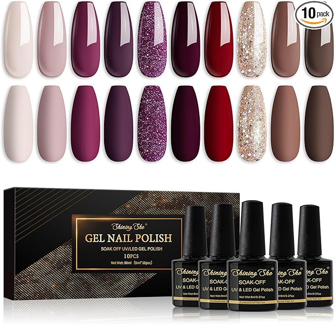 Shining She Nail Polishes, 10 Colours Beige Taupe Purple Red Brown Gold Glitter Gel Polish Set Soak-Off UV/LED Nail Polish Gel for Nail Art Salon DIY Home, 8ML