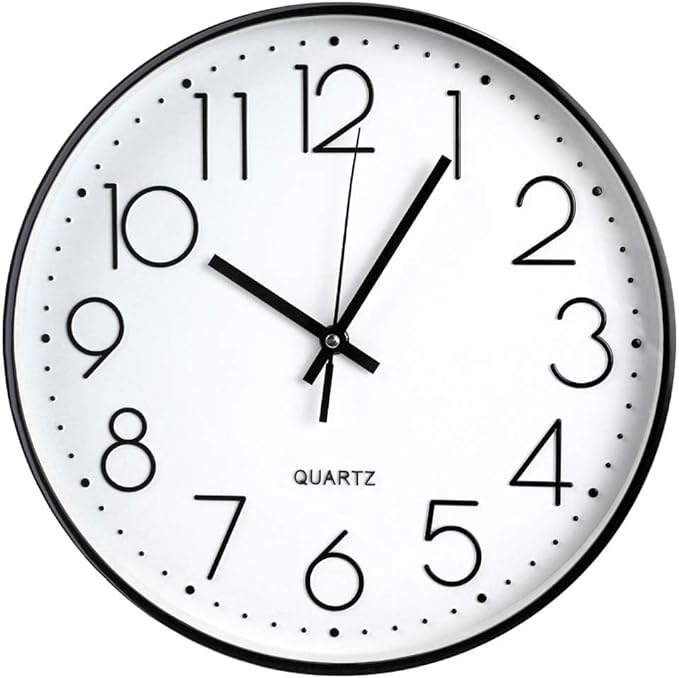 Wall Clock 12 Inch Non-ticking Silent Quartz Decorative Clocks with Stereoscopic Dial Ultra-Quiet Movement Quartz for Office Classroom Home Living Room Bedroom Kitchen (Black)