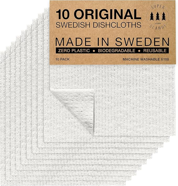 SUPERSCANDI 10 Pack Reusable Cleaning Cloths - 100% Biodegradable & Compostable | Washable Swedish Dishcloth - Food-Safe & Plastic-Free | Kitchen Cloth Suitable for Any Surface, White