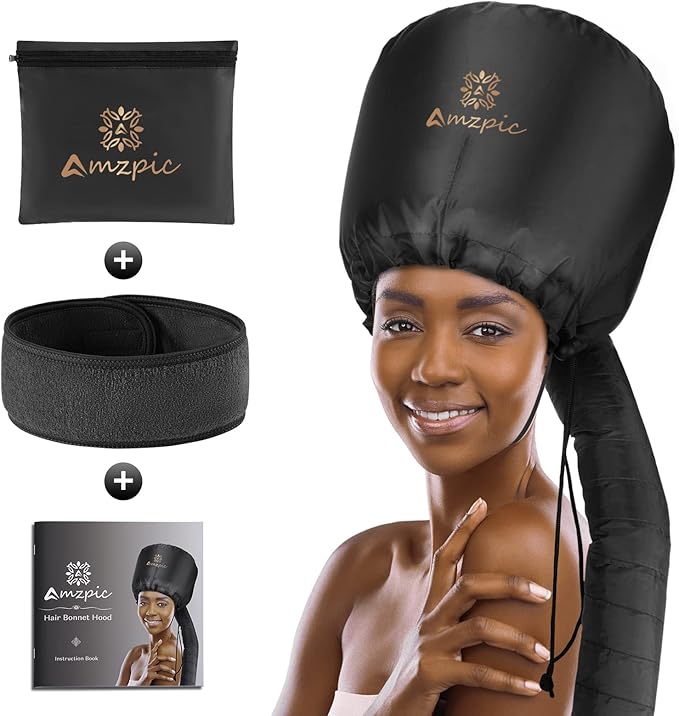 Bonnet Hood Hair Dryer Attachment - Soft, Adjustable Extra Large Bonnet Hair Dryer for Speeds Up Drying Time at Home, Easy to Use for Styling, Curling and Deep Conditioning (Black)