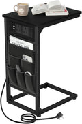 AMHANCIBLE C-Shaped Side Table with Charging Station, 2 USB & AC Outlets, Narrow Coffee Bedside Table with Cloth Storage Bag for Sofa, Small Spaces, Living Room, Bedroom, Black HET04CBK-1