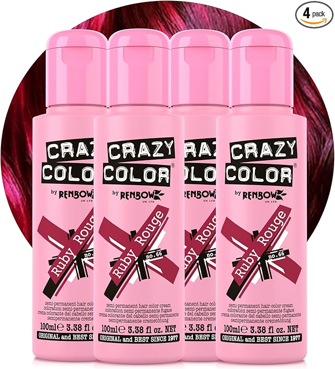 Crazy Color Vibrant Ruby Rouge Semi-Permanent 4 Pack Quad Hair Dye. Highly Pigmented Wine Red/Plum Conditioning & Oil Nourishing Vegan Formula No Bleach or Ammonia 400ml