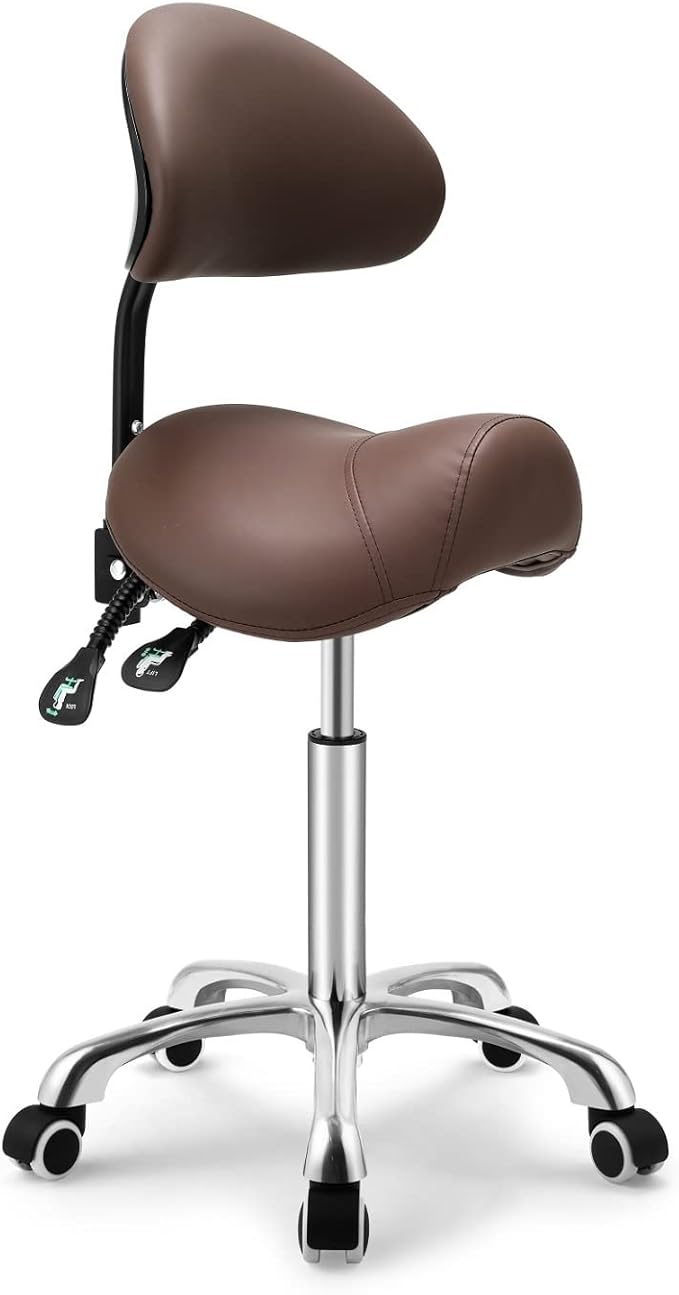 Kaleurrier Saddle Stool with Wheels, Height Adjustable, Anti-Fatigue, Ergonomic Chair for Lab, Clinic, Dentist, Salon, Massage, Office, and Home Kitchen (with Back, Coffee)
