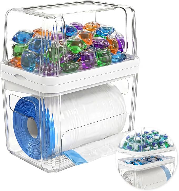 Onemake 3-in-1 Acrylic Laundry Pods Container & Trash Bag Dispenser, Detachable Laundry Pods Storage, Detergent Pods Holder, Under Cabinet Organizer for Laundry Room, Bathroom, Kitchen Organisation