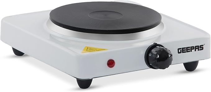 Geepas 1000W Single Hot Plate Precise Table Top Cooking – Cast Iron Heating Plate - Portable Electric Hob Single Burner with Adjustable Thermostat for Home Kitchen Camping & Caravan Cooking, Compact