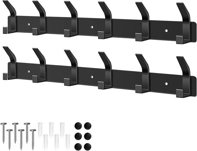 Coat Hooks Wall Mounted, 2 Packs Coat Hangers Wall Mounted with 6 Hooks, Rust-Proof Coat Racks for Jackets, Bags, Hats and Scarves, Wall Hanger for Bedroom, Bathroom, Kitchen (Black)