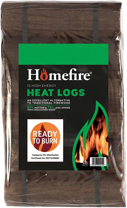 Homefire 100% Recycled Wood Heatlogs, 12 high-energy, ultra-dry logs, Suitable for wood burners, multi-fuel stoves, open fires, chimeneas
