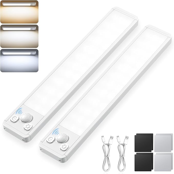 Under Cabinet Kitchen Lights Cupboard - LED Motion Sensor 3-Color Rechargeable Strip Light for Wardrobe Indoor USB Wireless Battery Powered Lighting Shelf Counter Closet with Magnetic Stick 2 Pack[Energy Class G]