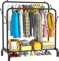 Heavy Duty Clothes Rail for Bedroom, 110 × 55 × 145cm Sturdy Hanging Clothes Rack for Garments, Double Metal Clothing Rail with Storage Shelf, Max 95 kg Load Capacity (Black)