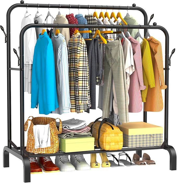 Heavy Duty Clothes Rail for Bedroom, 110 × 55 × 145cm Sturdy Hanging Clothes Rack for Garments, Double Metal Clothing Rail with Storage Shelf, Max 95 kg Load Capacity (Black)