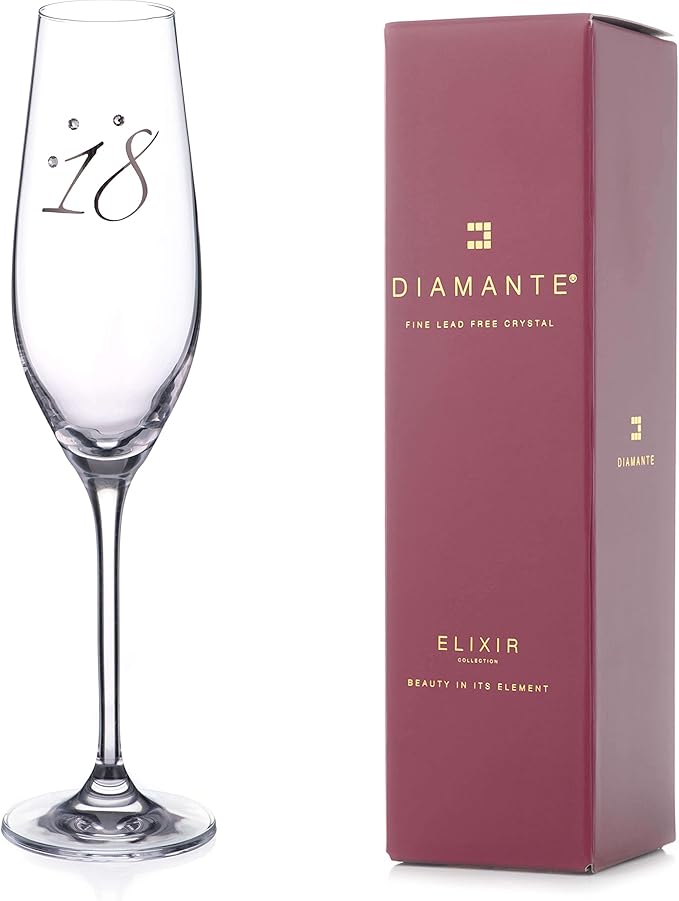 DIAMANTE Swarovski 18th Birthday Champagne Flute – Single Crystal Champagne Glass with Platinum 18 Embossed and Sparkling Crystals – Gift Boxed