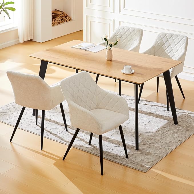 TUKAILAi Dining Chairs Set of 4 Linen Fabric Upholstered Seat Kitchen Armchair with Backrest and Metal Legs, Modern Padded Reception Chairs for Home Living Room Lounge Bedroom (Cream White)