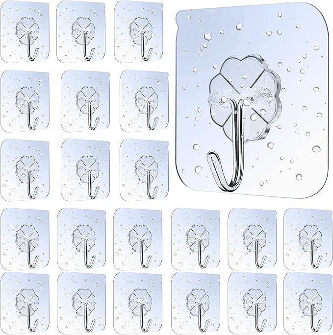 30 Pcs Sticky Hooks for Hanging, Transparent Self Adhesive Hooks for Wall, Bathroom, Kitchen