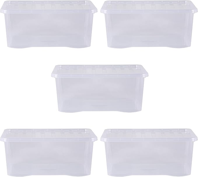 Wham Crystal 5 x 45L Stackable Plastic Storage Boxes with Lids | Ideal for Home, Office, Toys & More | Large Boxes | Made in UK - Clear