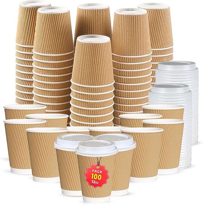 CHEF ROYALE 100 x 12oz Disposable Coffee Cups with Lids - Takeaway Paper Cups for Hot & Cold Drinks - Kraft Triple Walled Disposable Paper Cups - Takeaway Cups