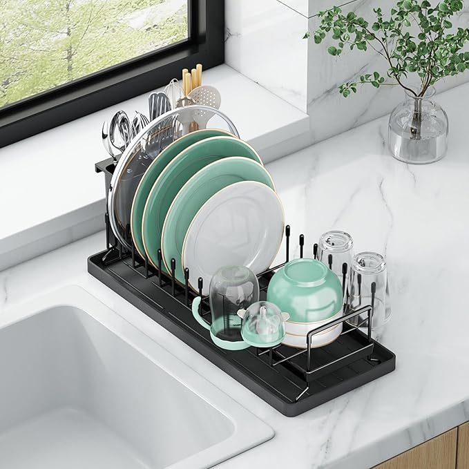 Small Dish Drying Rack, Aufworld Compact Dish Rack with Silicone Drying Mat, Stainless Steel Dish Drainer with Utensil Holder, Space Saving Drain Rack for Kitchen Counter, RVs, Apartments