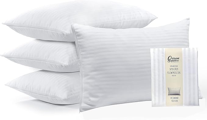 Pillow Protectors 4 Pack | 100% Microfiber Ultra Soft Satin Stripe Pillow Cases | Anti Allergy & Anti Dust Mite, Breathable & Zipped White Pillow Covers | UK Standard Size 48x74 CM