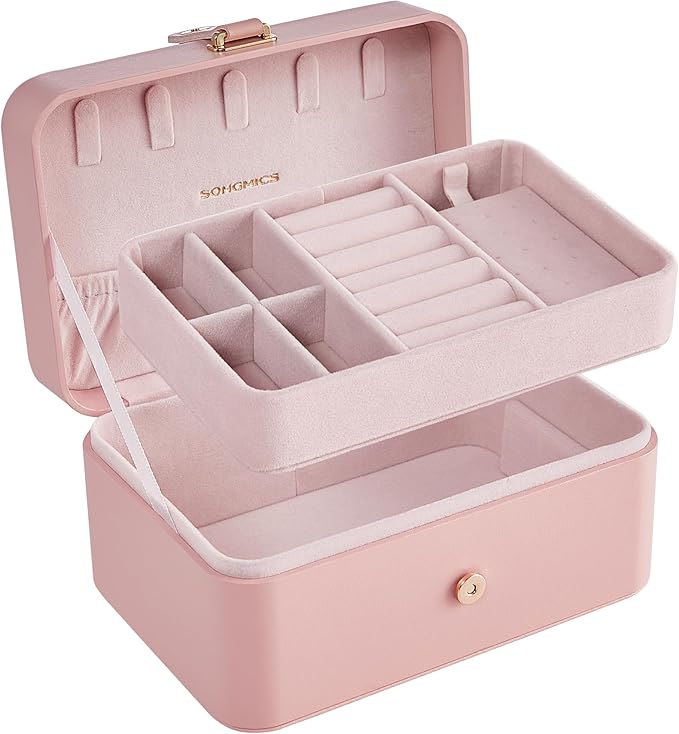 SONGMICS Jewellery Box, 2-Layer Jewellery Storage, 11 x 16 x 8 cm Travel Jewellery Box, Portable Jewellery Case, Small, Spacious, for Larger Accessories, Gift Idea, Jelly Pink JBC166R01