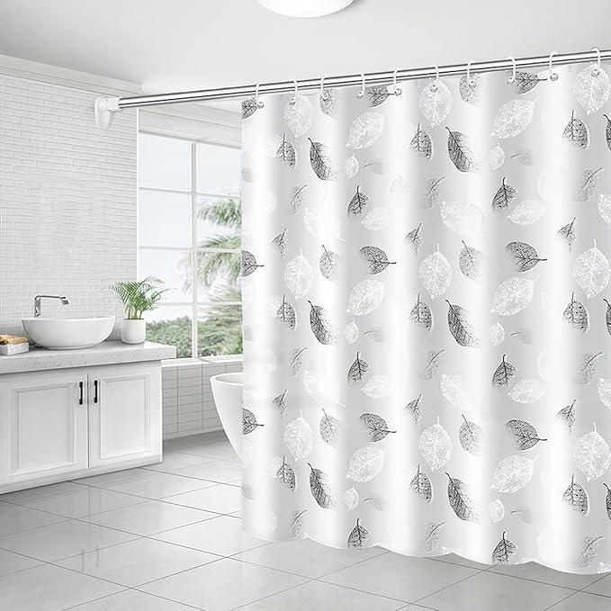 Shower Curtain for Bathroom Anti Mould and Mildew Resistant,100% PEVA Waterproof 180 x 180 cm (71 x 71 Inch),Includes 12 Pcs Curtain Hooks,Leaves